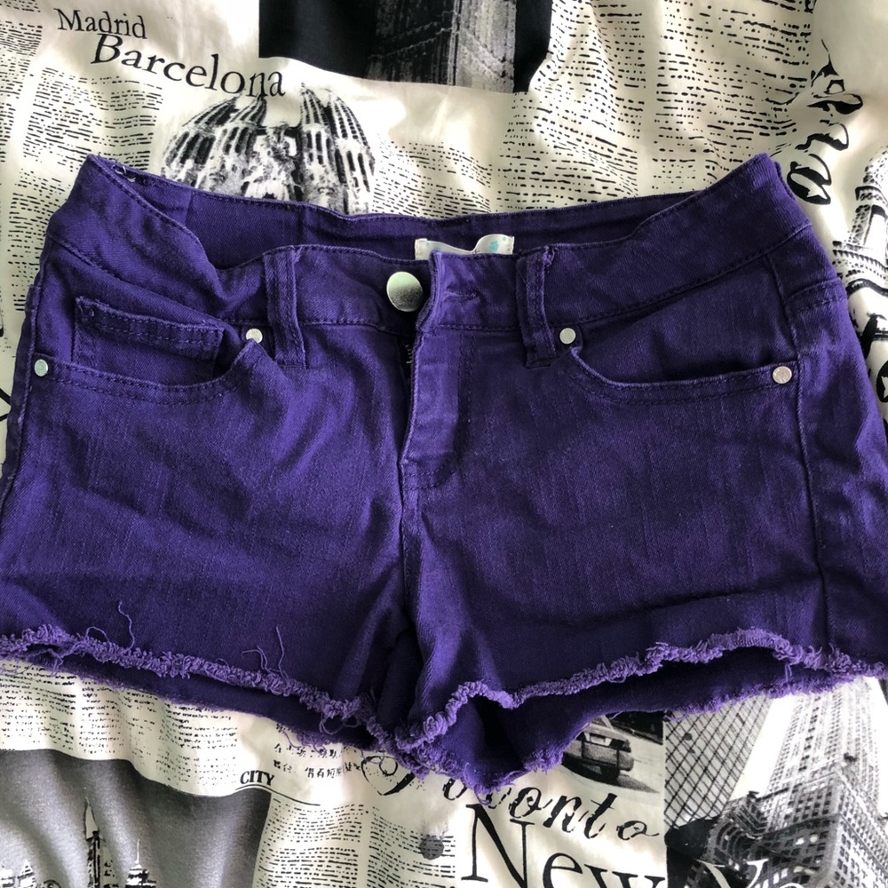 Stretchy purple denim cut off shorts, size 1
